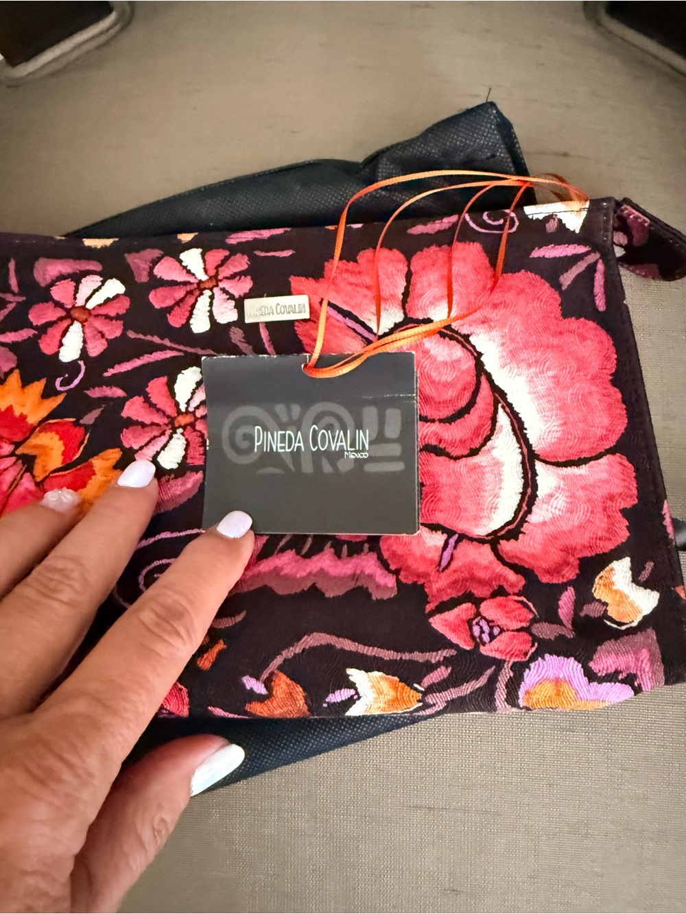 Pineda Covalin Embroidered Floral Cosmetic Bag. Bold Pink & Orange Blooms - Picture 4 of 6